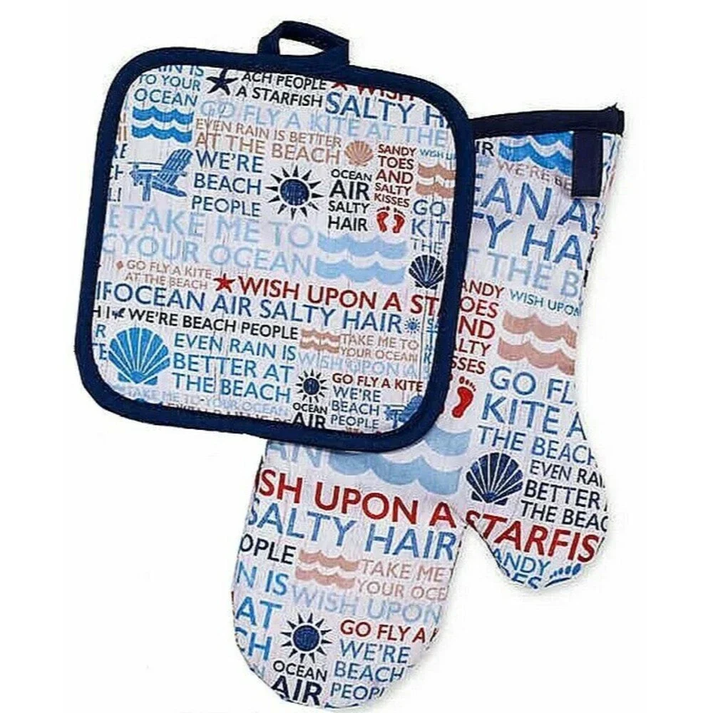 Avanti Beach Words Potholder Oven Mitt Set of 2 Beach Summer House 100% Cotton